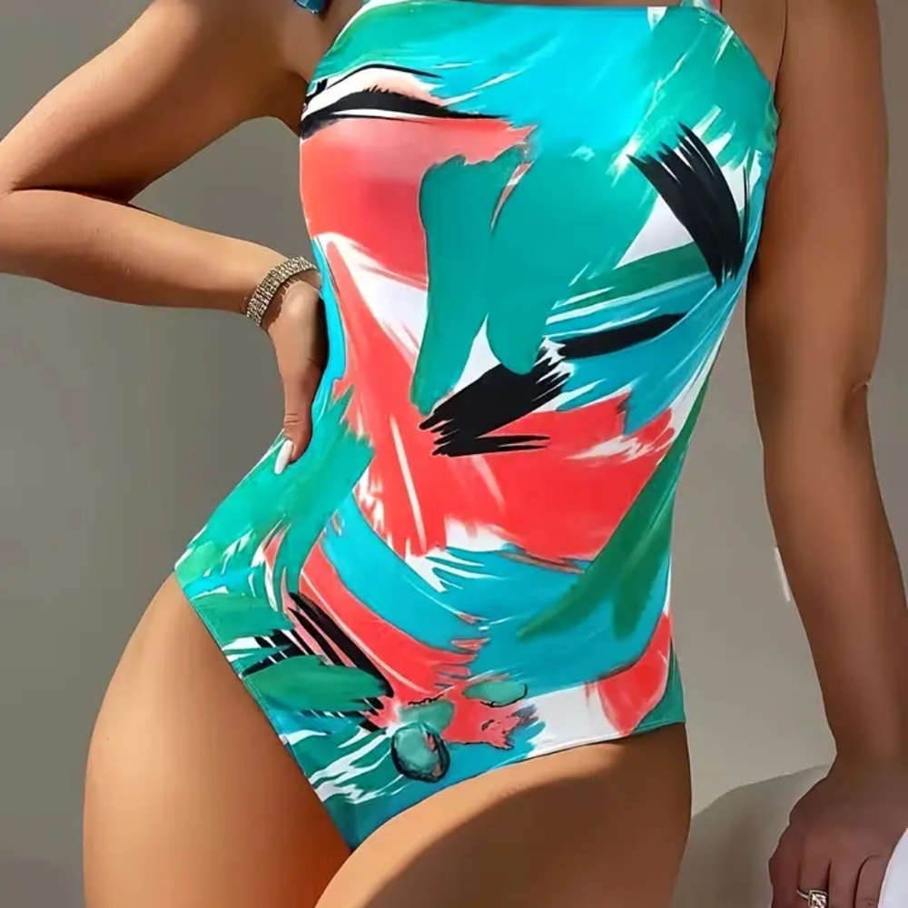offerChic Tie Shoulder Graffiti Brush Print One-piece Swimsuit !!